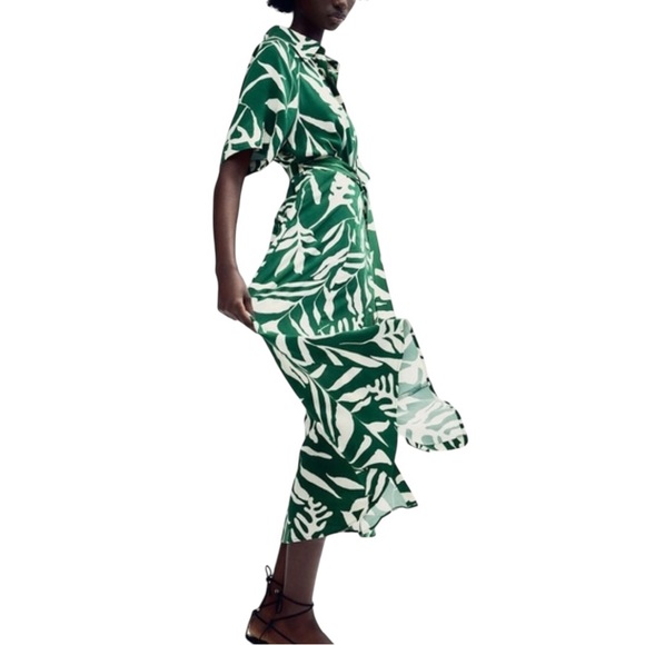 H&M Midi Shirt Dress S Fall Leaves Floral Career Travel Bow Modern Casual NWT - Picture 2 of 16